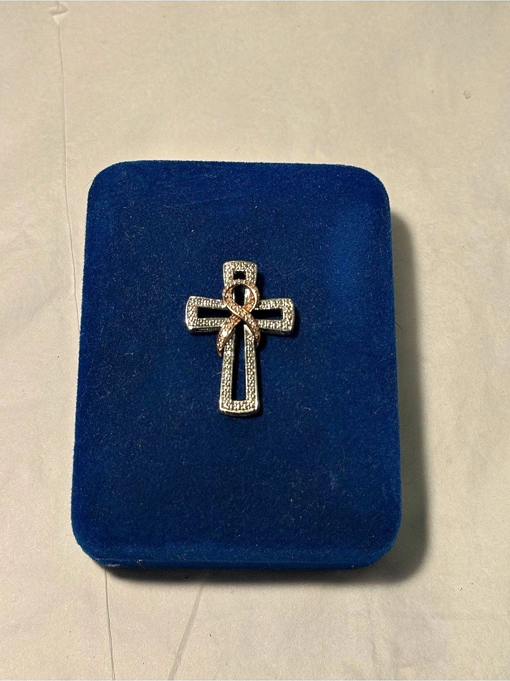Cross Pendant sterling Silver 925 and rose tone ribbon